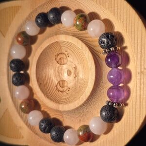 Amethyst, moonstone and unakite with lava beads